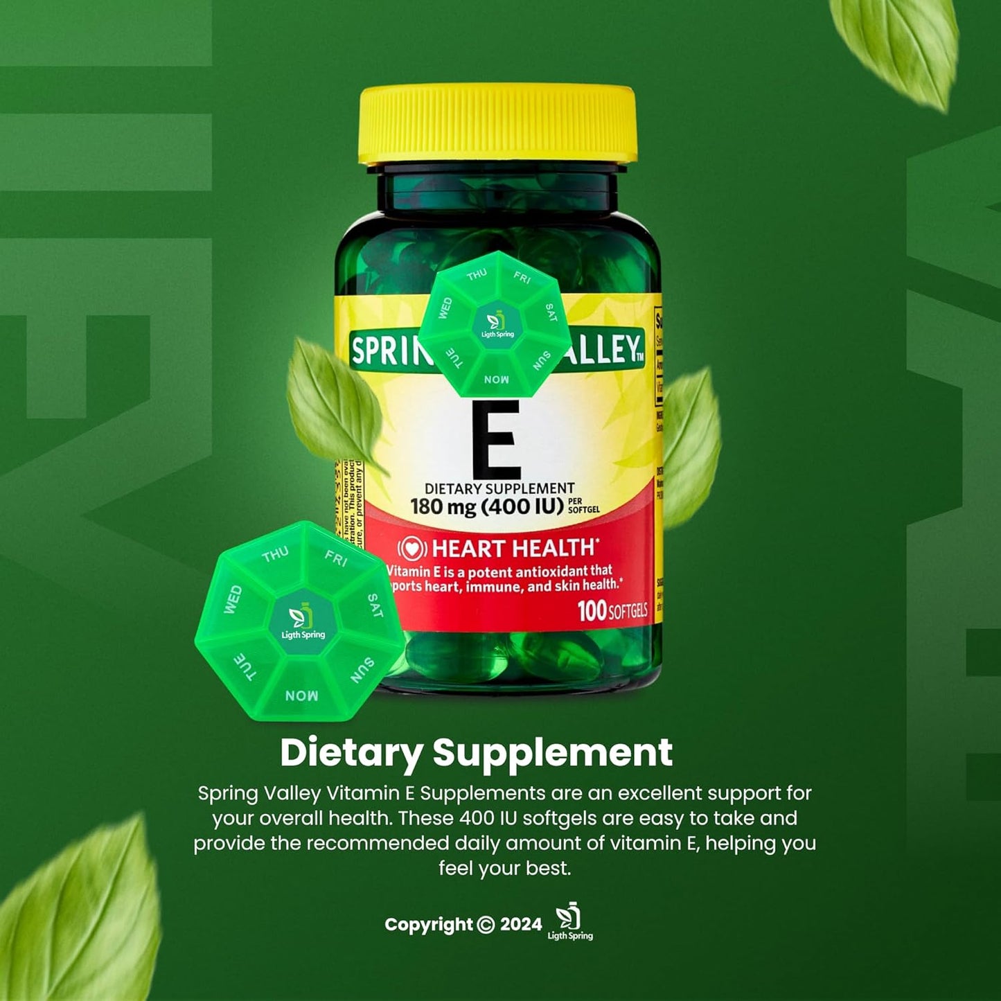 Bundle: LightSpring Vitamin E 180mg Softgels + Exclusive A to Z Vitamins & Minerals + Weekly Pill Organizer