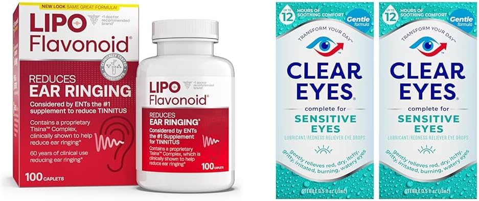 Bundle: Lipo-Flavonoid Tinnitus Relief Vitamins & Clear Eyes Sensitive Eye Drops - 100 Caplets & 2 Pack