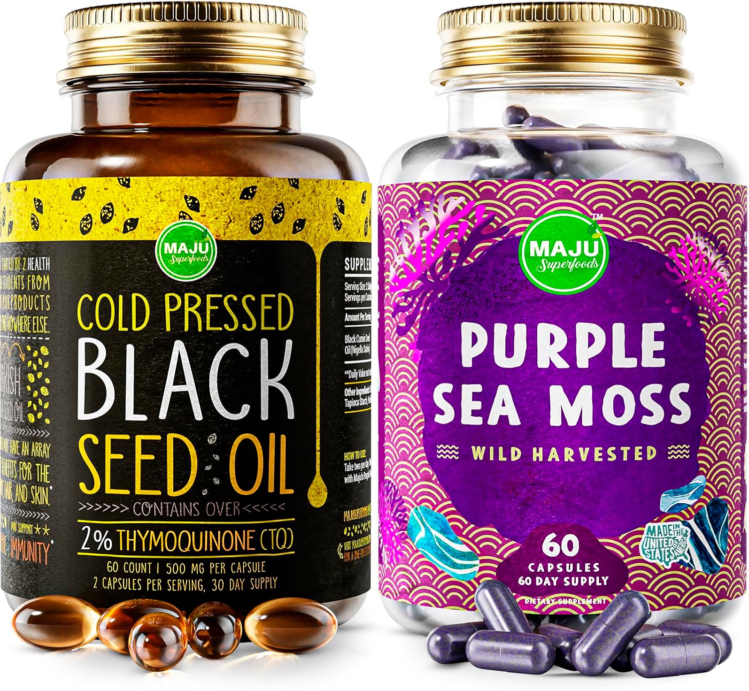 Bundle: Maju Superfoods Black Seed Oil Capsules and Purple Sea Moss Capsules - Natural Superfood Supplements