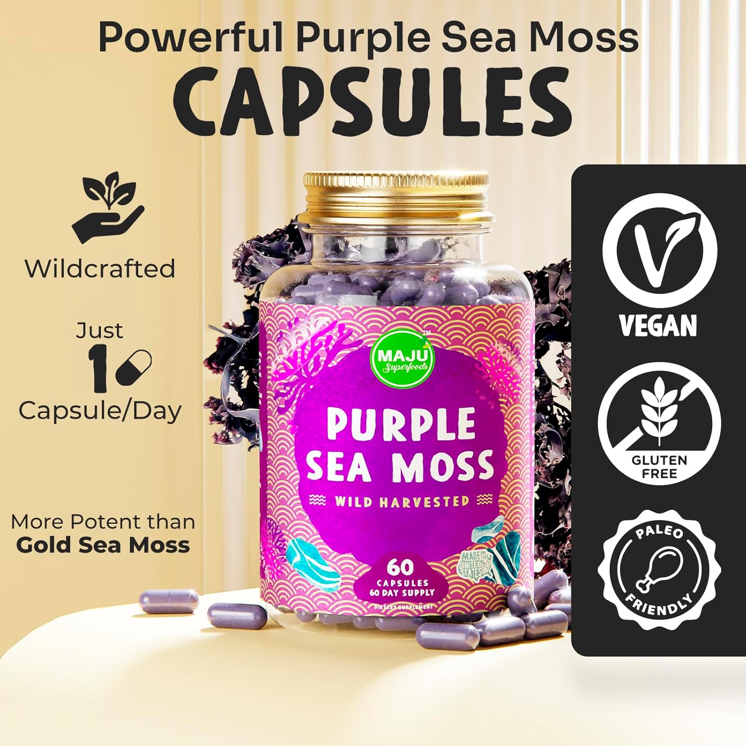 Bundle: Maju Superfoods Black Seed Oil Capsules and Purple Sea Moss Capsules - Natural Superfood Supplements