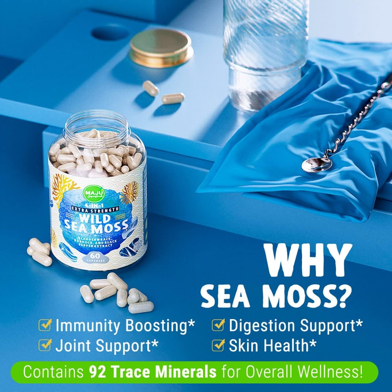Bundle: Maju Superfoods Black Seed Oil, Sea Moss Capsules, & Turmeric Ginger Gummies
