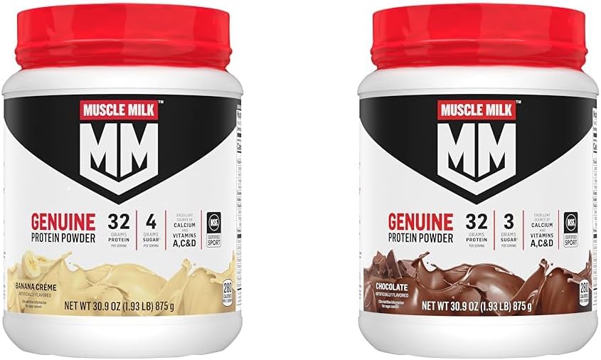Bundle: Muscle Milk Genuine Protein Powder in Banana Crème & Chocolate, 1.93 lbs Each, 12 Servings, 32g Protein per Serving