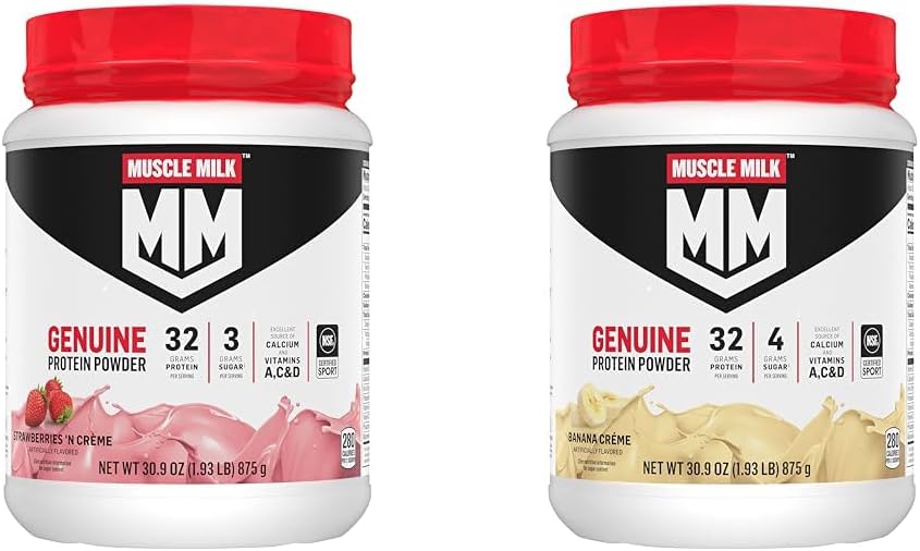 Bundle: Muscle Milk Genuine Protein Powder, Strawberries 'N Crème & Banana Crème - 1.93lbs, 12 Servings, 32g Protein, Low Sugar