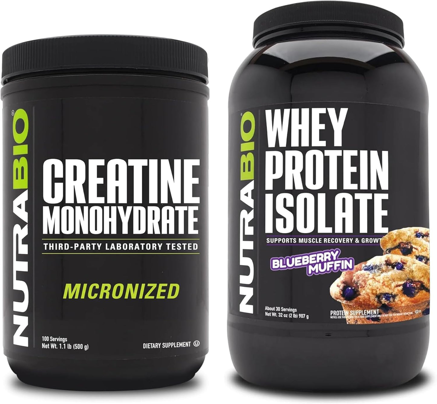 Bundle: NutraBio Creatine Monohydrate 500g & Whey Protein Isolate Blueberry Muffin - Energy, Muscle Growth, Recovery, Strength