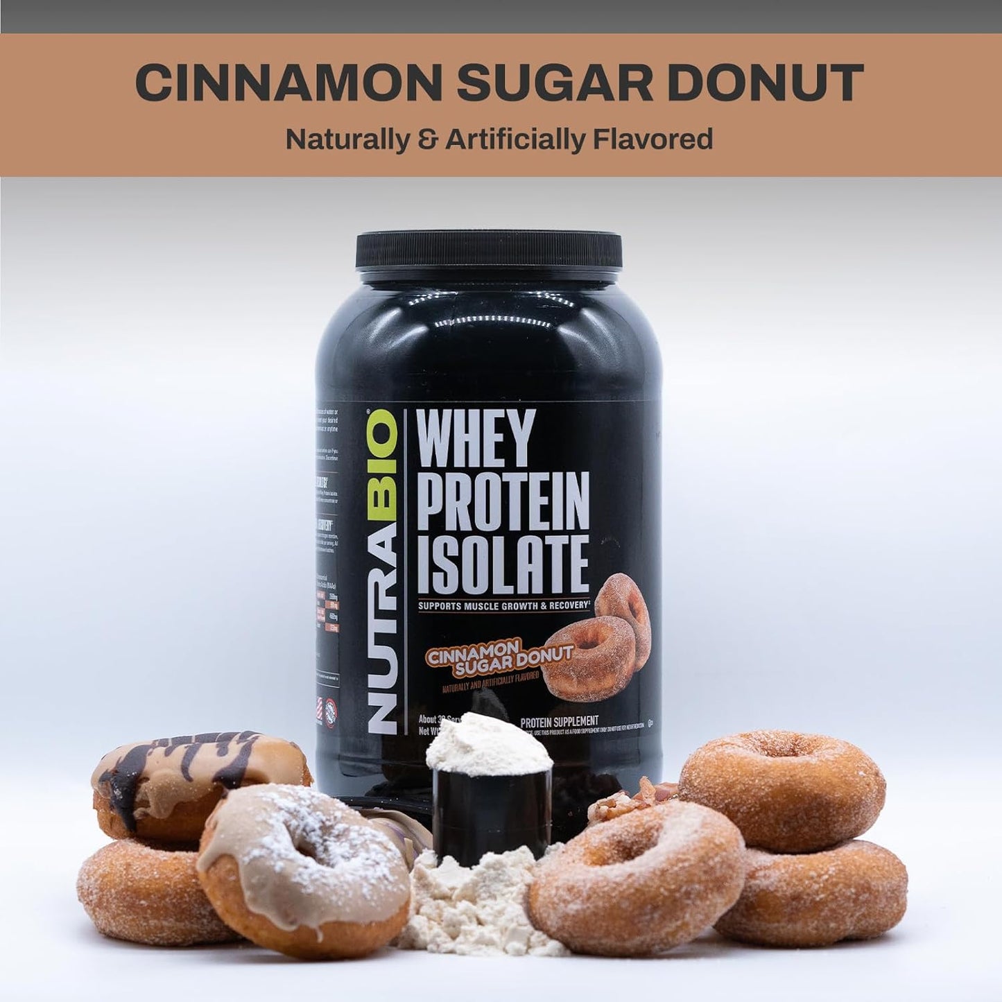 Bundle: NutraBio Creatine Monohydrate & Whey Protein Isolate - Unflavored & Cinnamon Sugar Donut Flavors - Muscle Energy, Growth, Recovery, Strength - 300g