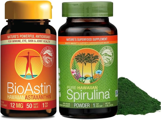 Bundle: Nutrex BioAstin Hawaiian Astaxanthin 12mg (50 Count) + Pure Hawaiian Spirulina Powder 5oz