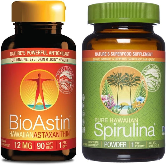 Bundle: Nutrex BioAstin Hawaiian Astaxanthin 12mg (90 Count) + Pure Hawaiian Spirulina Powder 5oz