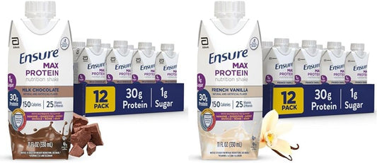 Bundle of 12 Ensure Max Protein Milk Chocolate & French Vanilla Nutrition Shakes - 30g Protein, 150 Calories