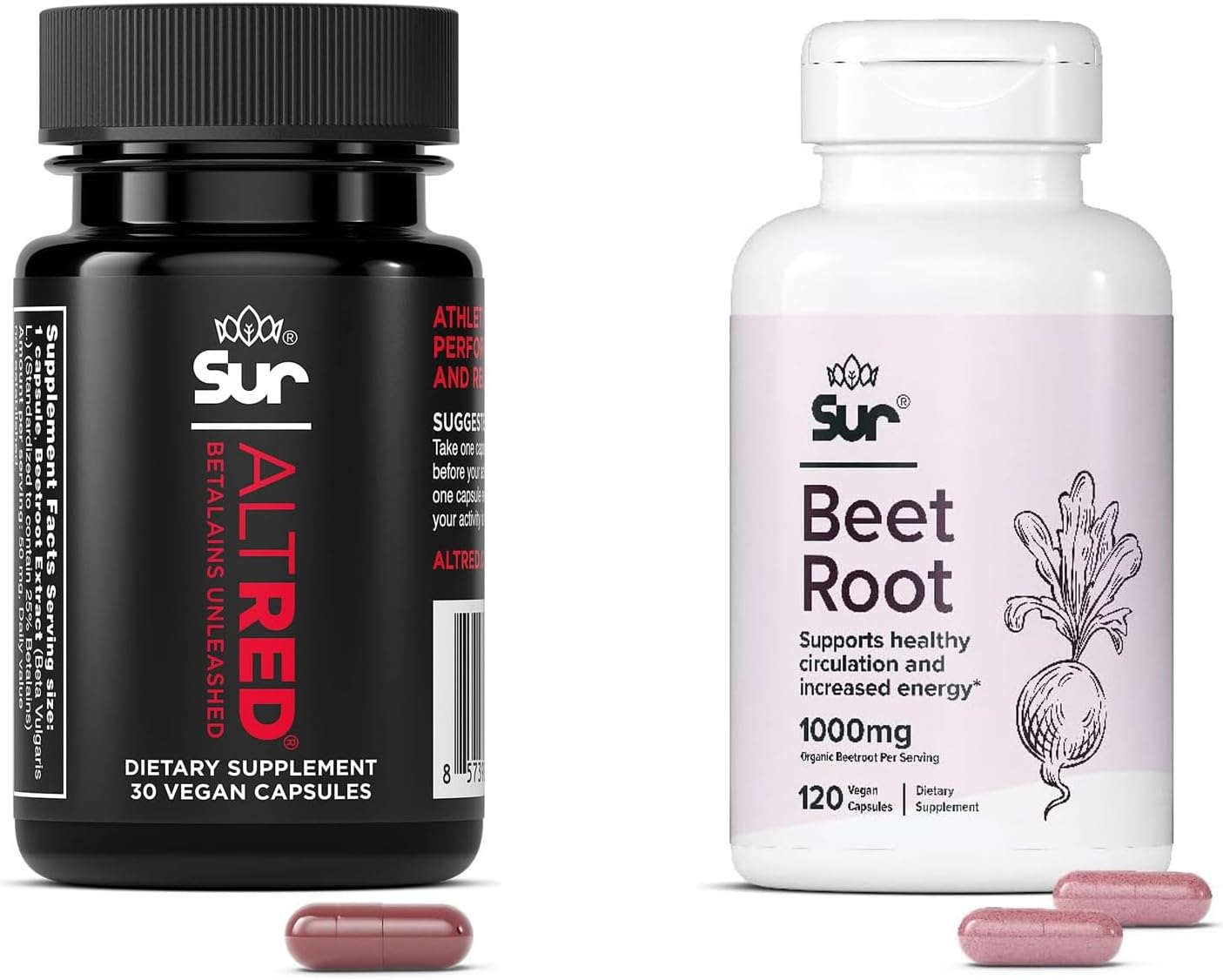 Bundle of AltRed Sur Beet Root Capsules for Muscle Recovery and Sur Organic Beet Root Capsules for Sports Nutrition