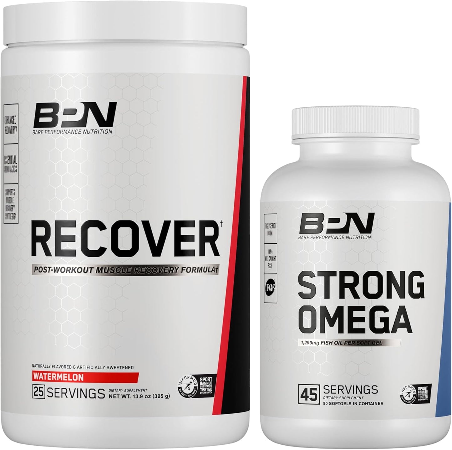 Bundle of BARE PERFORMANCE NUTRITION BPN Recover & Strong Omega for Enhanced Performance and Recovery