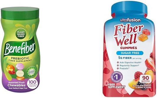 Bundle of Benefiber Chewable Prebiotic Fiber Tablets & Vitafusion Sugar-Free Fiber Gummies - Digestive Health Support - Assorted Flavors - 190 Count