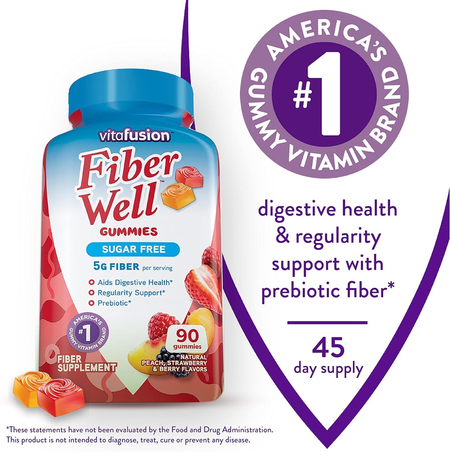 Bundle of Benefiber Chewable Prebiotic Fiber Tablets & Vitafusion Sugar-Free Fiber Gummies - Digestive Health Support - Assorted Flavors - 190 Count