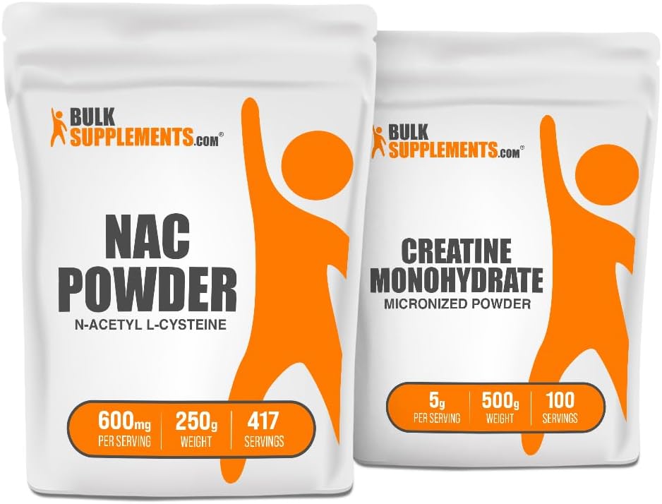 Bundle of BulkSupplements NAC (N-Acetyl L-Cysteine) 250g and Creatine 500g
