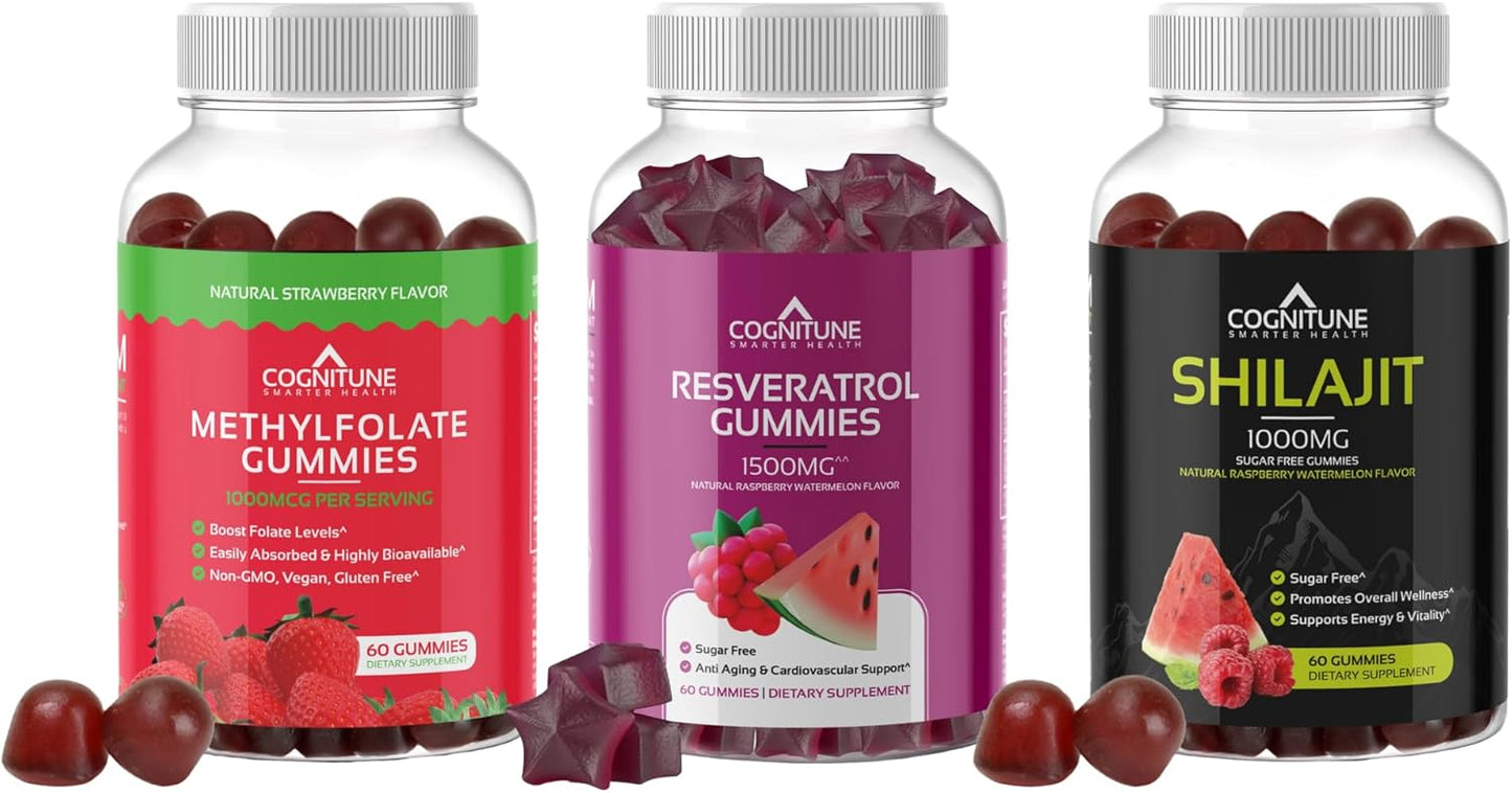 Bundle of CogniTune Gummy Supplements - Resveratrol, Shilajit, Methylfolate - Wellness Support