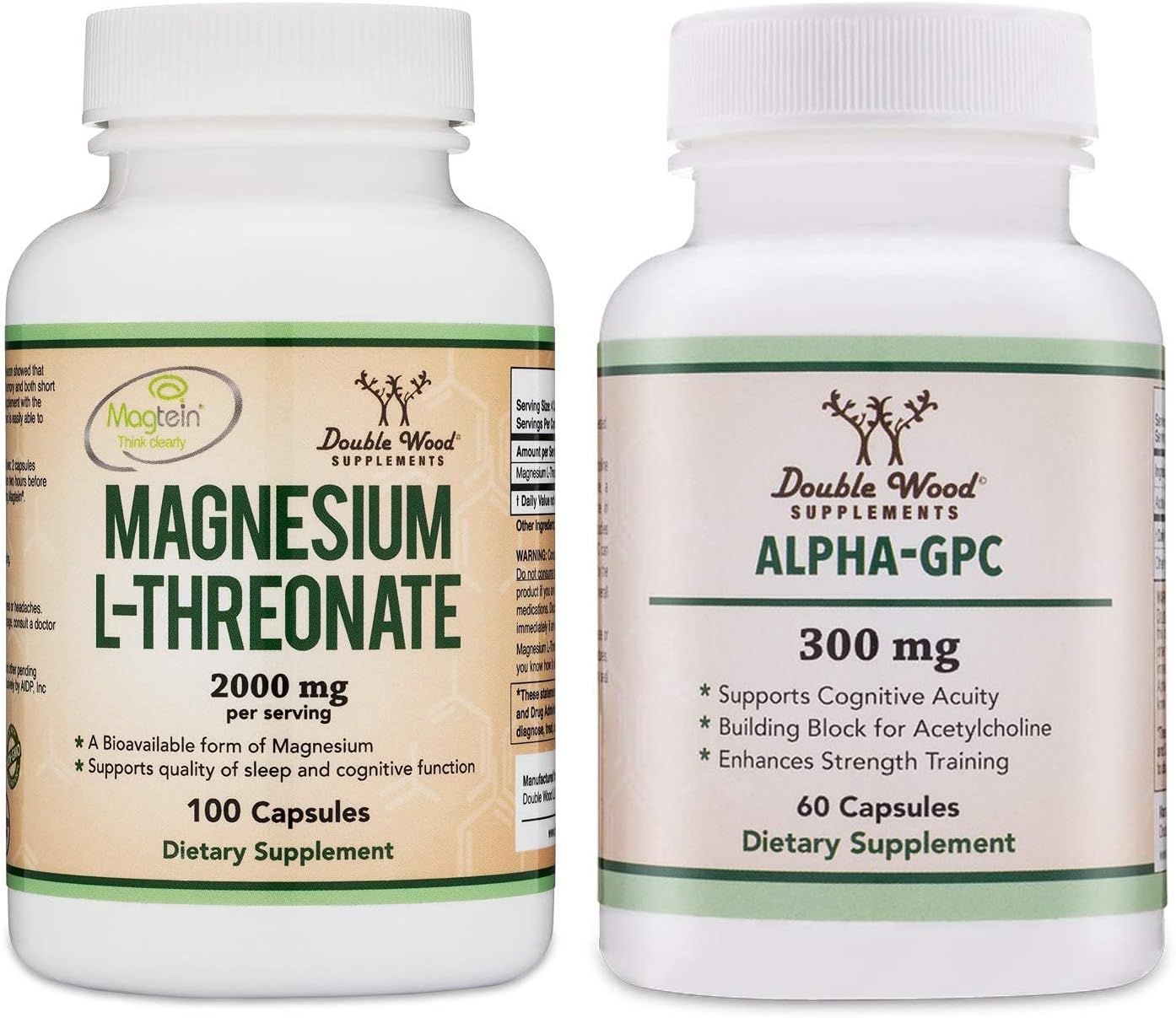Bundle of Double Wood Supplements Magnesium L-Threonate (Magtein) and Alpha GPC for Cognitive Function Support - Essential Choline and Magnesium Nutrients