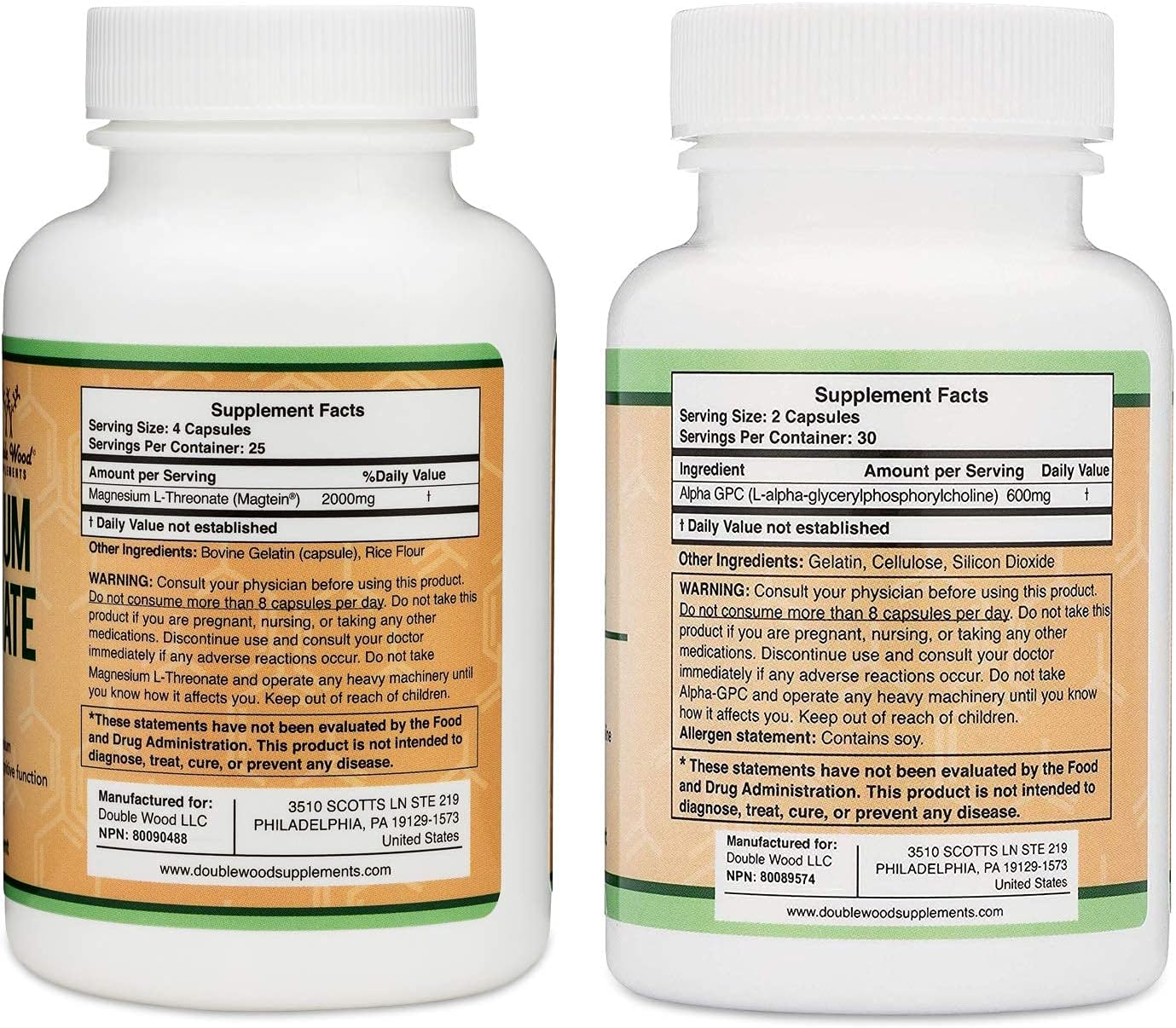 Bundle of Double Wood Supplements Magnesium L-Threonate (Magtein) and Alpha GPC for Cognitive Function Support - Essential Choline and Magnesium Nutrients