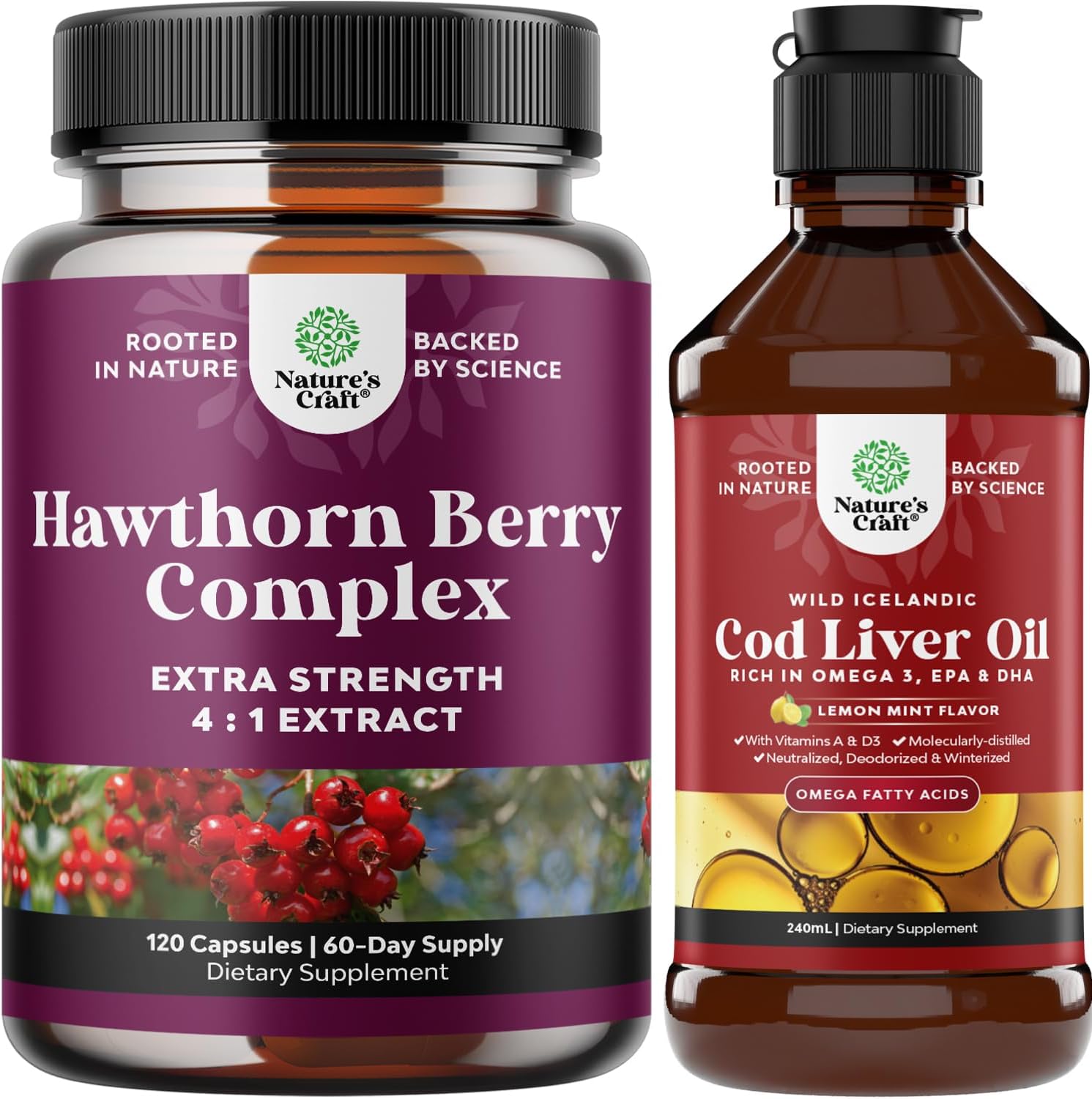 Bundle of Extra Strength Hawthorn Berry Capsules and Icelandic Cod Liver Oil Liquid for Heart and Digestive Health - Nordic Omega 3 Fish Oil Supplement for Adults and Kids