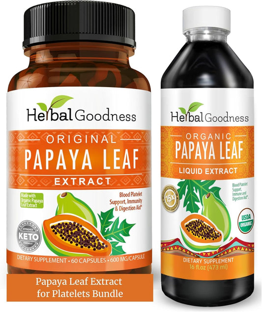 Bundle of Herbal Goodness Papaya Leaf Extract for Platelets & Papaya Enzyme - 10X Digestive Capsules & 15X Liquid Platelet Support - Immune, Gut, and Digestive Health Boost