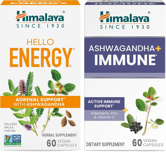 Bundle of Himalaya Hello Energy with Ashwagandha and Ashwagandha +Immune for Adrenal and Immune Support - 60 Capsules Each