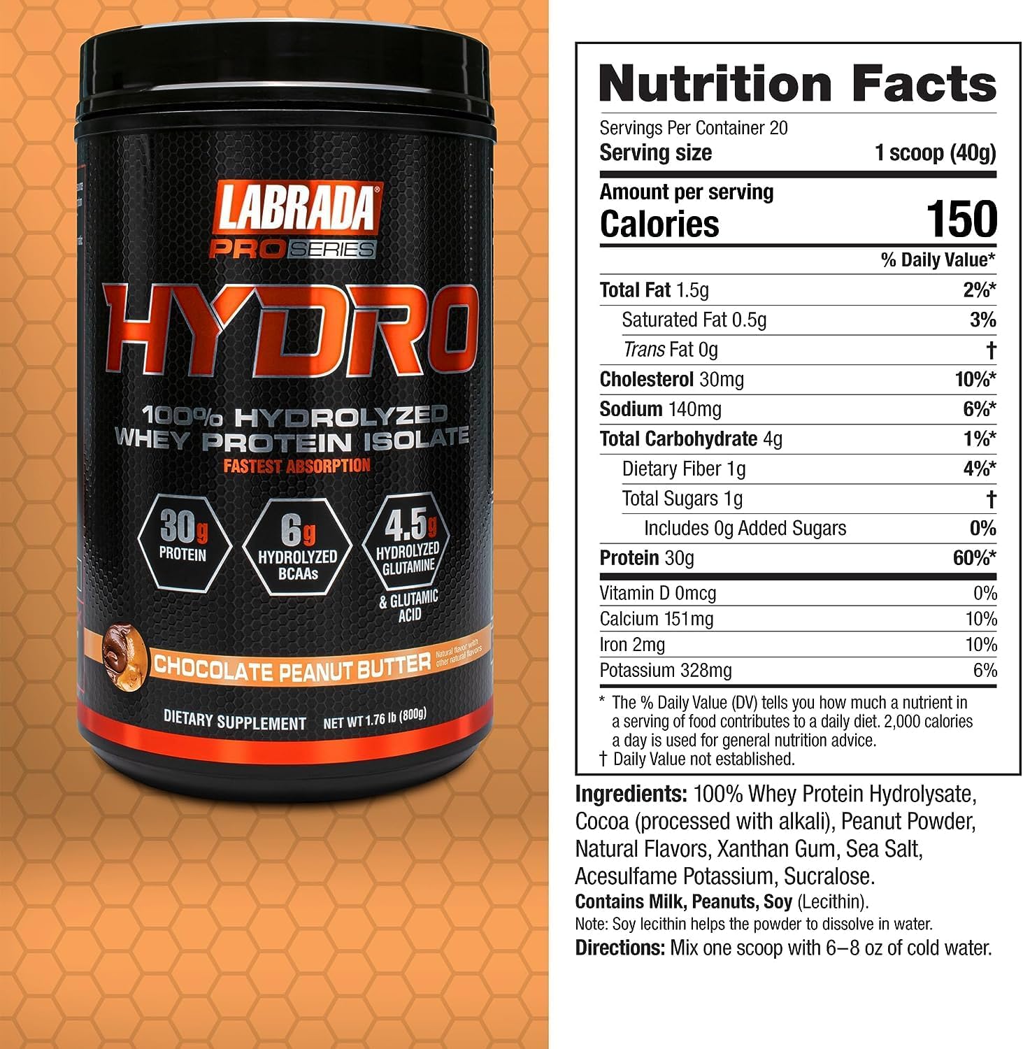 Bundle of Labrada 100% Pure Hydrolyzed Whey Protein Isolate Powder and Pro Series Glutamine