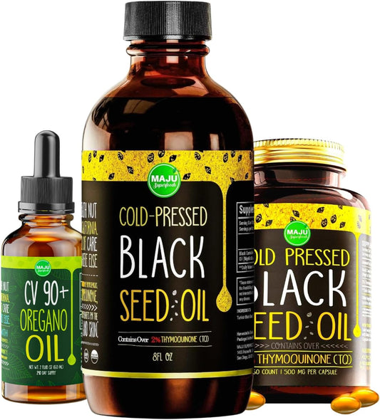 Bundle of Maju Superfoods Black Seed Oil and Oregano for Optimal Health and Wellness
