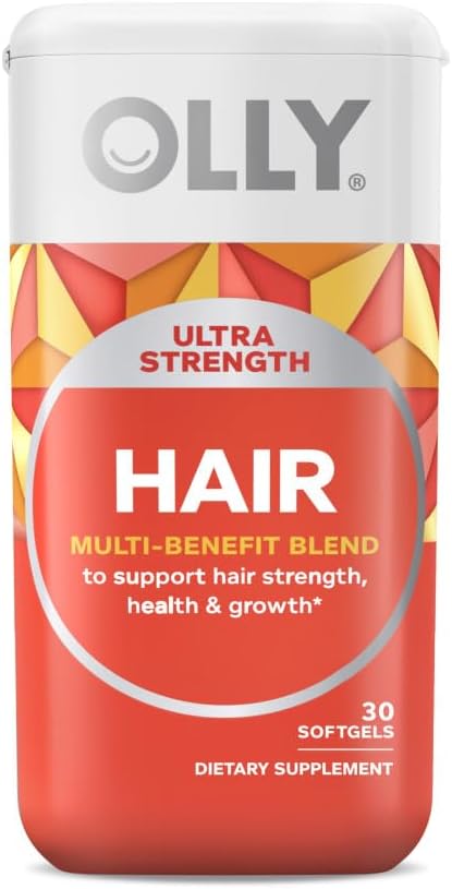 Bundle of OLLY Ultra Strength Hair, Extra Energy Gummies with Biotin, Keratin, Vitamin B12, CoQ10, Goji Berry - 30 and 60 Count