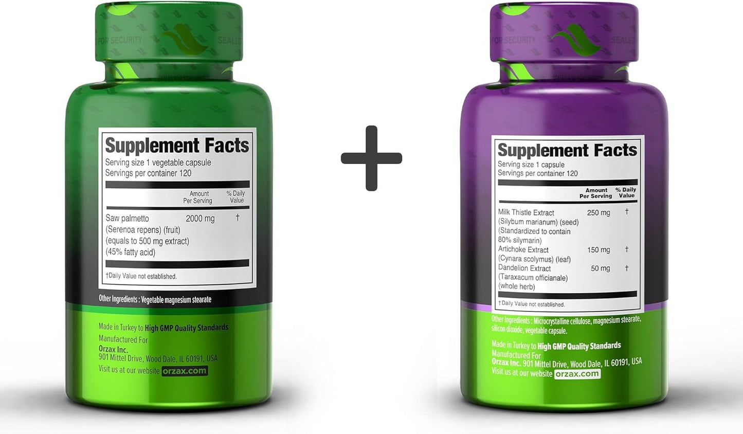 Bundle of ORZAX Saw Palmetto 2000mg & Milk Thistle Plus with Dandelion 120 Veg Capsules