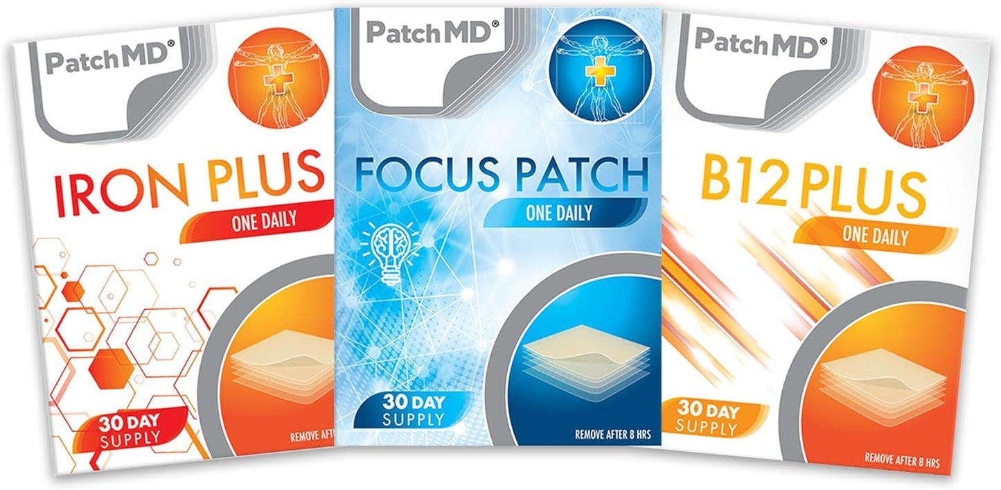 Bundle of PatchMD Iron Plus, B12 Energy Plus, & Focus Topical Patches - 30 Day Supply