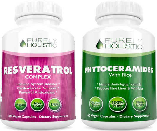 Bundle of Purely Holistic Resveratrol 1450mg + Phytoceramides Skin Therapy Capsules - Vegan - 180 + 60 Capsules - Antioxidant Rich - USA Made