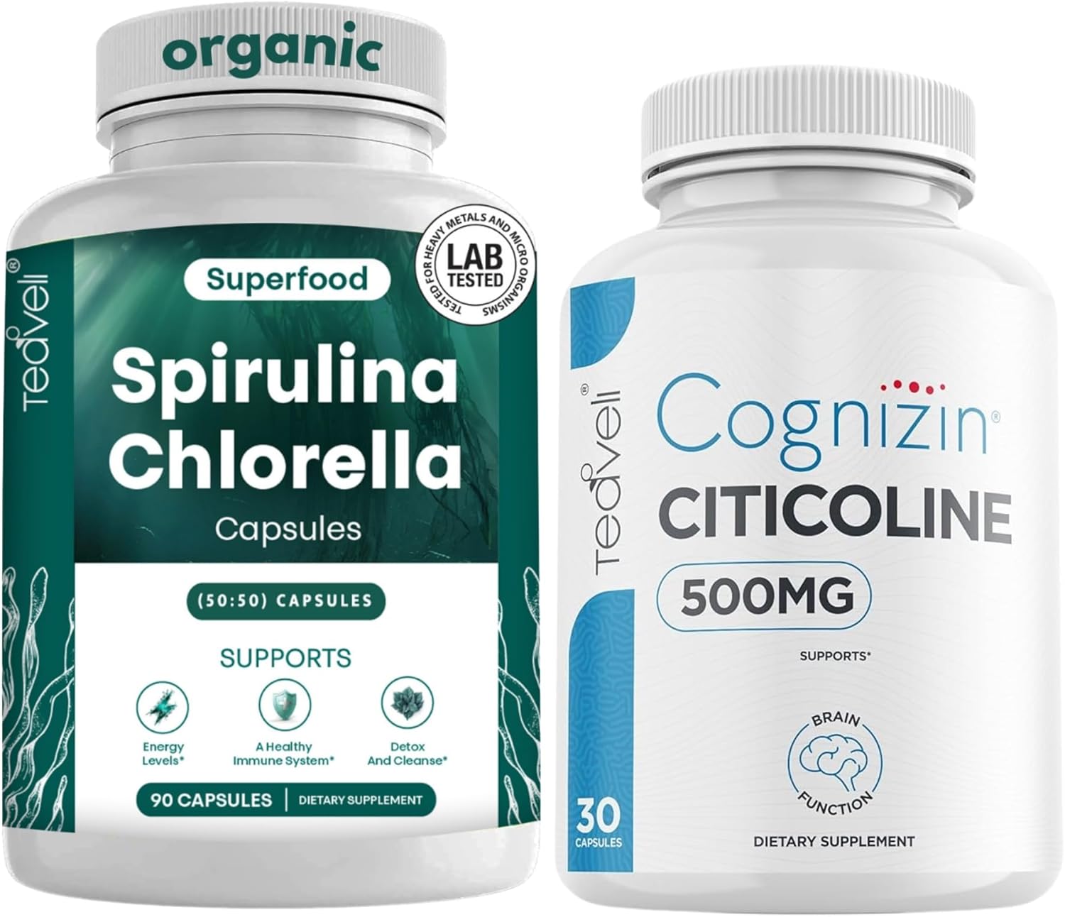 Bundle of Teaveli Spirulina Chlorella Capsules and Citicoline Supplement for Enhanced Brain and Body Health