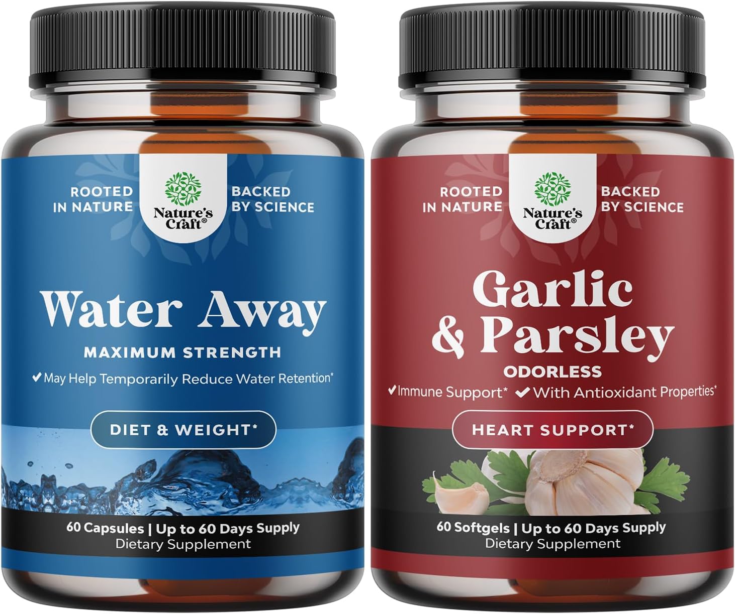 Bundle of Water Away Pills and Garlic Supplement for Fast Bloating Relief and Immune Support - Huntington Labs