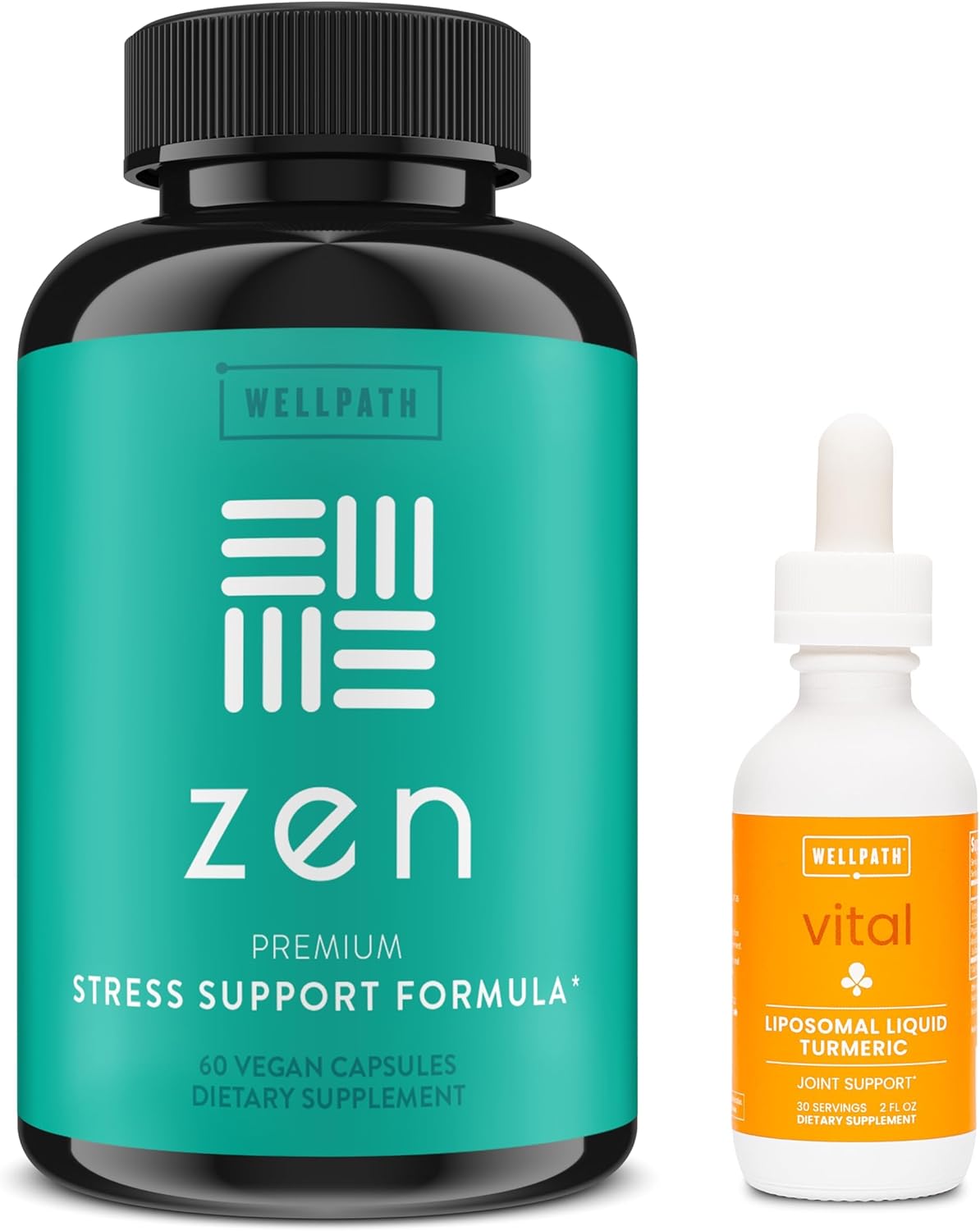 Bundle of Zen Stress Support Supplement (60 Ct) + Vital Liquid Liposomal Curcumin Drops for Relaxation and Wellness