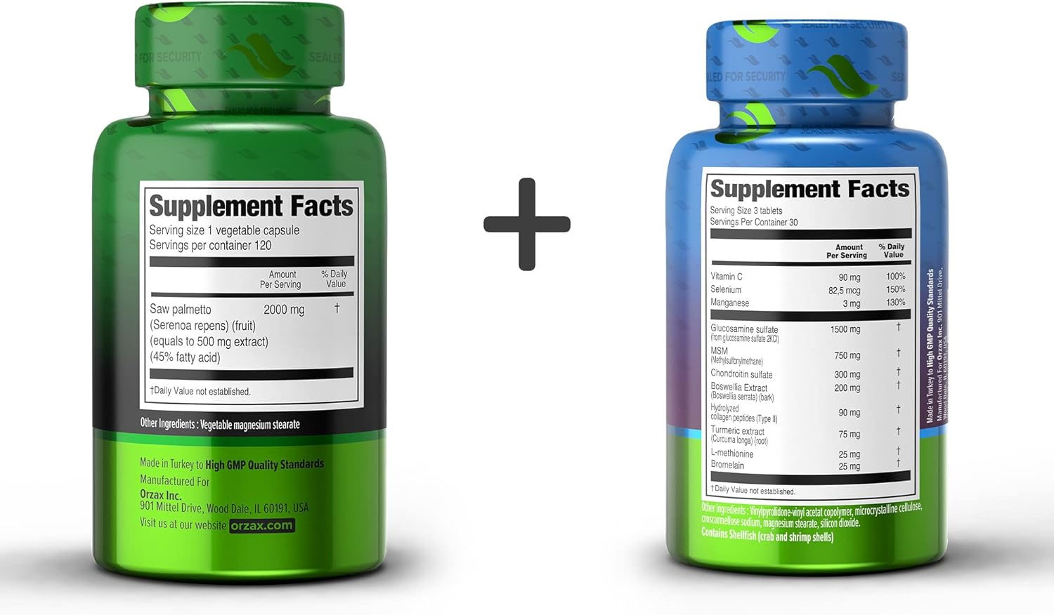 Bundle: ORZAX Saw Palmetto 2000mg Capsules + Glucosamine Chondroitin MSM Tablets - 120 Capsules + 90 Tablets