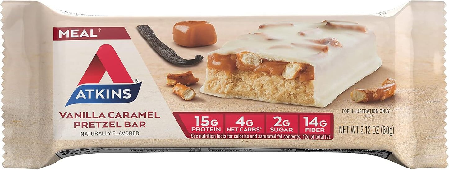 Bundle Pack: Atkins Chocolate Coconut Bars (16 Count) and Vanilla Caramel Pretzel Protein Meal Bars (5 Count)