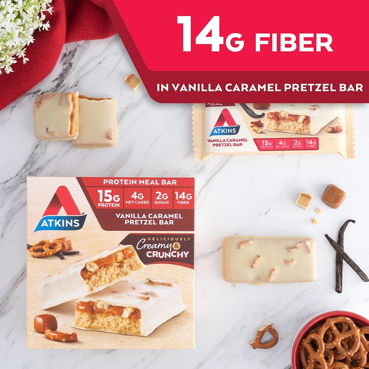 Bundle Pack: Atkins Chocolate Coconut Bars (16 Count) and Vanilla Caramel Pretzel Protein Meal Bars (5 Count)