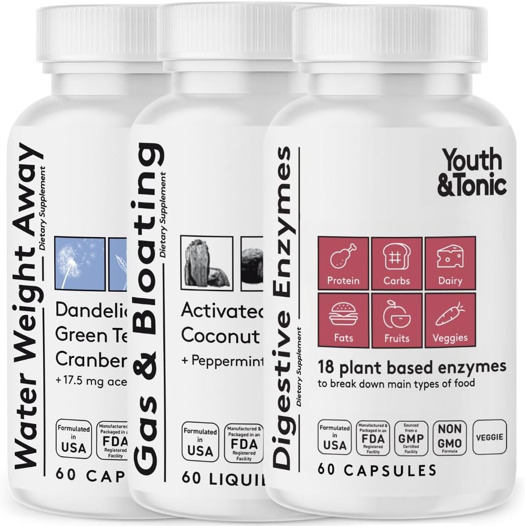 Bundle Pack for Gas and Bloating Support with Youth & Tonic Water Pills, Liquid Charcoal, and Digestive Enzymes