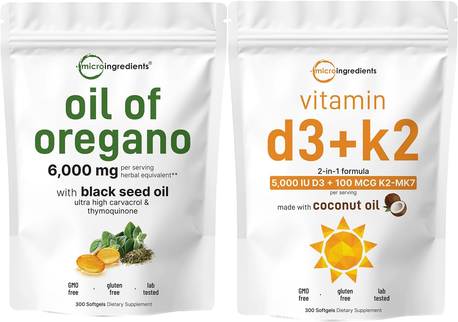 Bundle Pack: Micro Ingredients Oil of Oregano Softgels with Vitamin D3, K2, and Virgin Coconut Oil - 4X Strength Carvacrol & Thymoquinon, Essential Nutrients