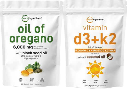 Bundle Pack: Micro Ingredients Oil of Oregano Softgels with Vitamin D3, K2, and Virgin Coconut Oil - 4X Strength Carvacrol & Thymoquinon, Essential Nutrients