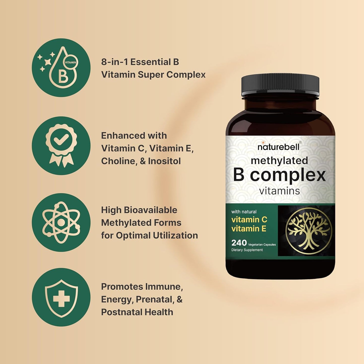 Bundle Pack of NatureBell Magnesium Glycinate Capsules 500mg & Vitamin B Complex for Women - 240 Veggie Capsules | Chelated Mineral for Immune, Energy, Prenatal Support