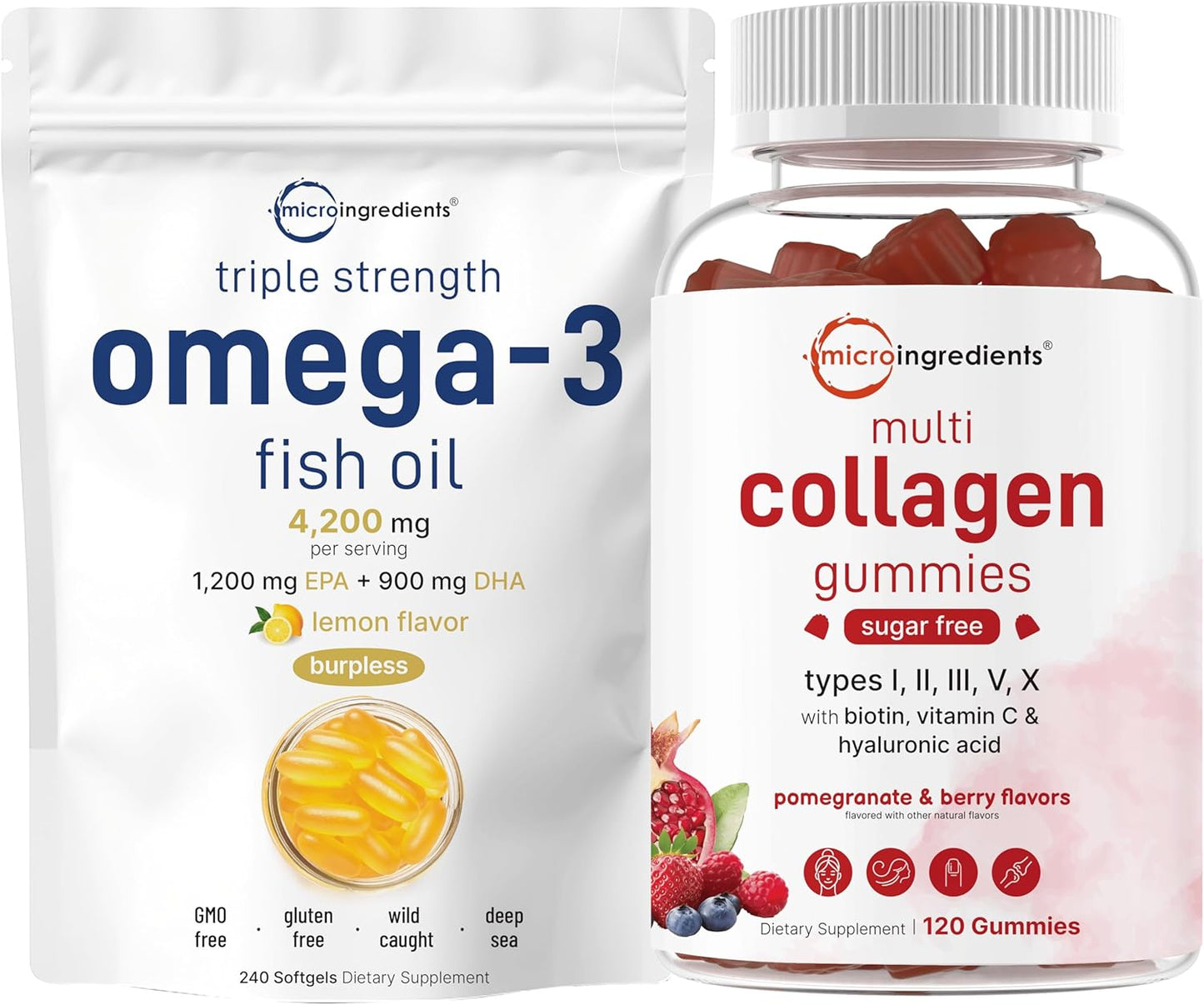Bundle Pack: Omega-3 Fish Oil Softgels & Collagen Peptides Gummies | Wild-Caught Fish, Lemon Flavor | High Protein Types I, II, III, V, X | Burpless Formula