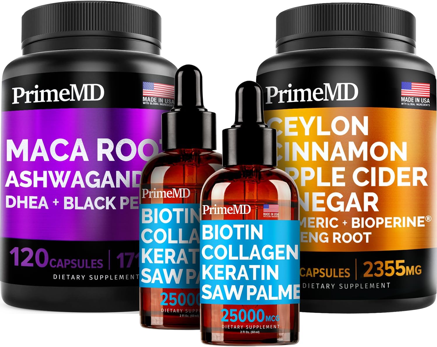 Bundle: PrimeMD Ceylon Cinnamon, Biotin Collagen Keratin Saw Palmetto, Maca Root Ashwagandha - Energy, Mood, Hair, Skin & Immune Support (3-Pack)