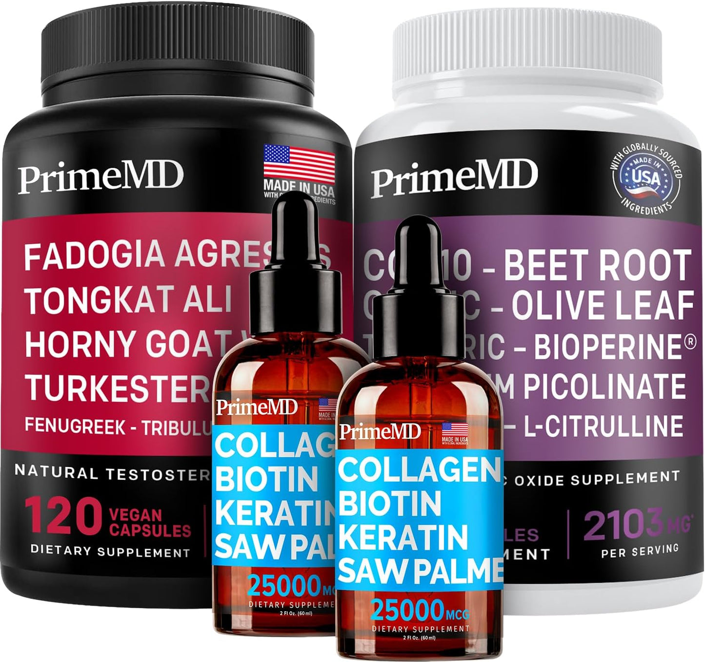 Bundle: PrimeMD Liquid Collagen Biotin, Fadogia Tongkat Ali, and Nitric Oxide Supplements - Vitamins for Hair, Skin, Nails, Heart, Energy, and Testosterone Support - Non-GMO, Vegan - 2pk + 1pk + 1pk