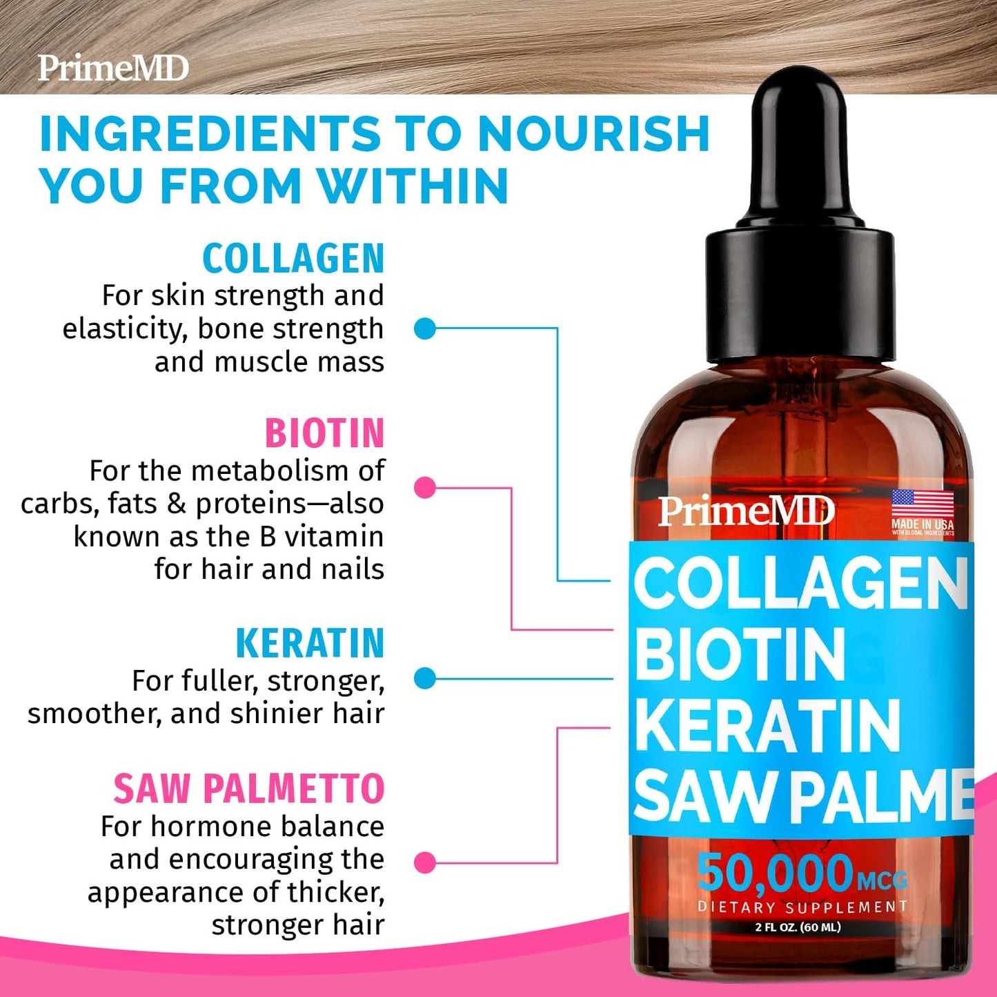 Bundle: PrimeMD Liquid Collagen Biotin, Fadogia Tongkat Ali, and Nitric Oxide Supplements - Vitamins for Hair, Skin, Nails, Heart, Energy, and Testosterone Support - Non-GMO, Vegan - 2pk + 1pk + 1pk