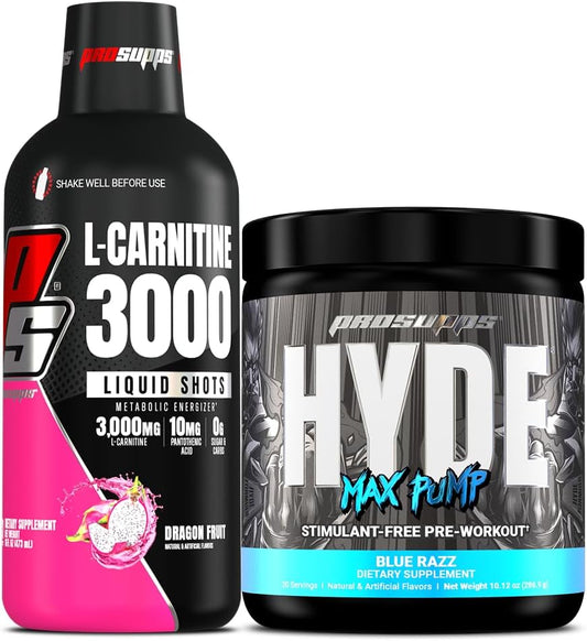 Bundle: PROSUPPS L-Carnitine 3000 Dragon Fruit Shots + Hyde Max Pump Blue Razz Pre Workout (31 + 20 Servings)