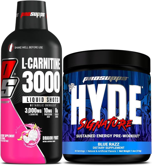 Bundle: PROSUPPS L-Carnitine 3000 Liquid Shots (Dragon Fruit) + Mr. Hyde Pre-Workout Powder (Blue Razz)