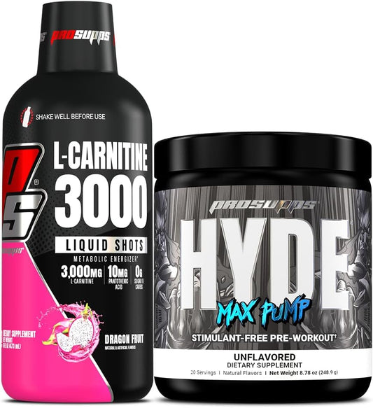 Bundle: PROSUPPS L-Carnitine 3000 Liquid Shots + Hyde Max Pump Pre Workout (31 Servings, Dragon Fruit, 20 Servings, Unflavored)