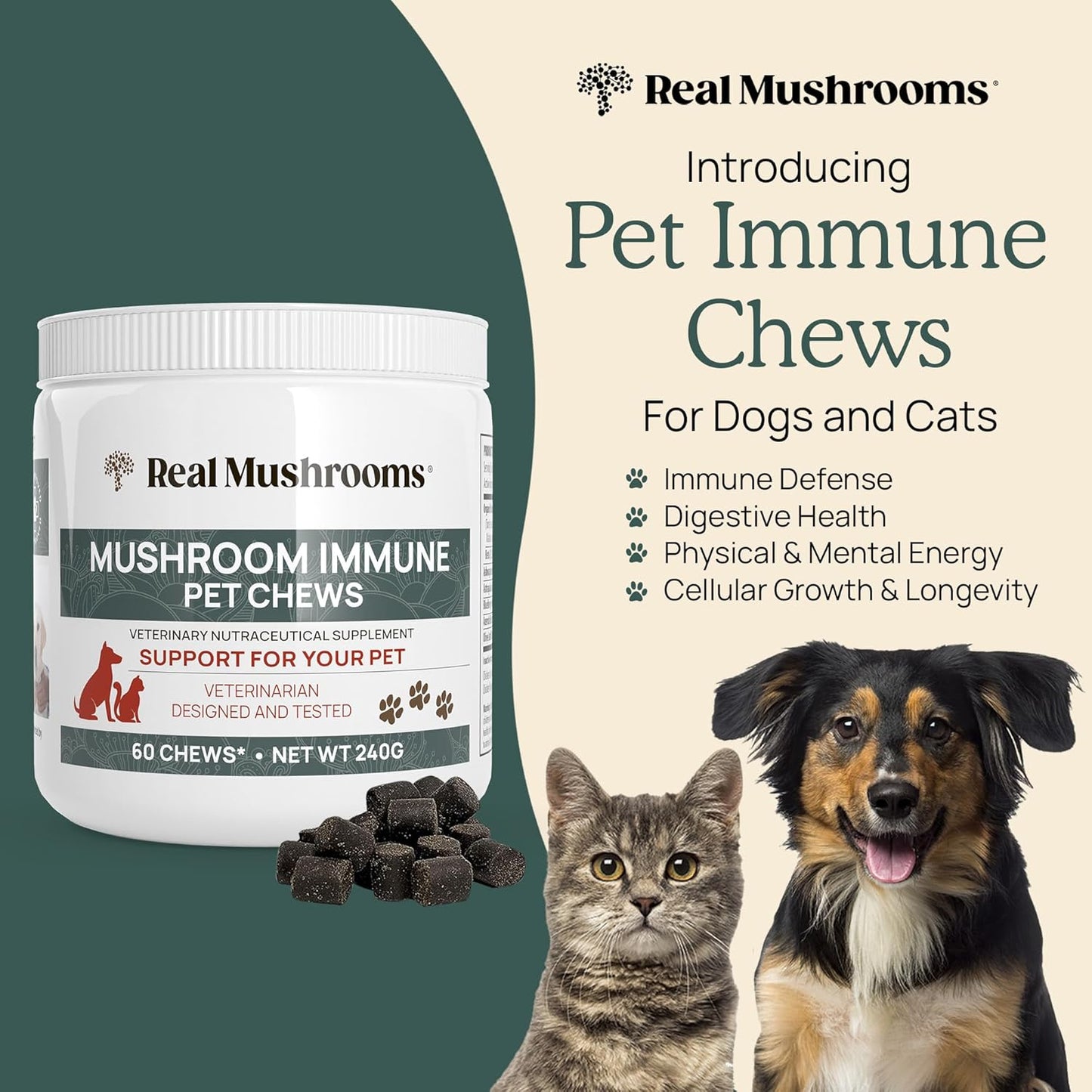 Bundle: Real Mushrooms Reishi Capsules (90ct) & Mushroom Immune Pet Chews (60ct) - Longevity, Relaxation, Immunity - Ashwagandha, Astragalus - Vegan, Non-GMO, Gluten-Free