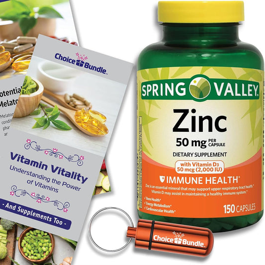 Bundle: Spring Valley Zinc 50mg with Vitamin D3 50mcg Capsules for Immune Health (150 Ct) + Vitamin Guide & Pill Container