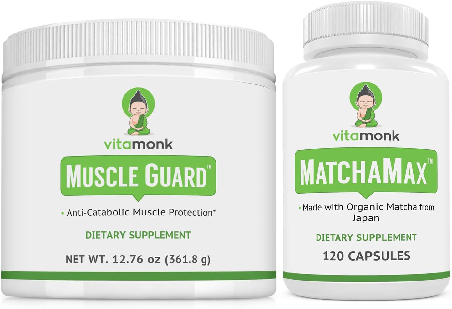 Bundle: VitaMonk Muscle Guard & Matchamax Organic Matcha Capsules - HMB, EAAs, Vitamin D, Magnesium - Energy, Focus, Muscle Growth - 120 Capsules