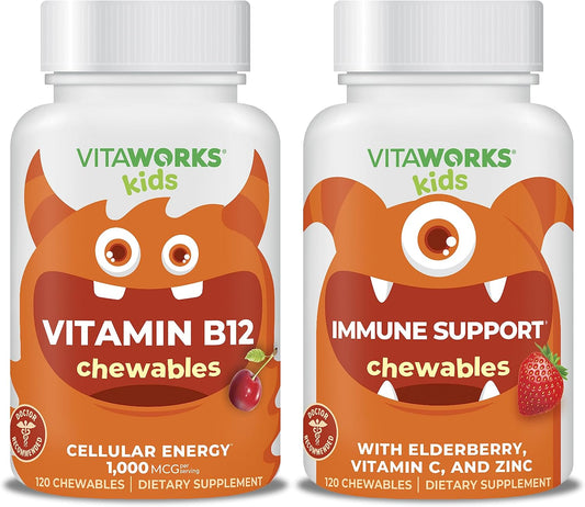 Bundle: VitaWorks Kids Vitamin B12, Elderberry, Zinc, and C Chewables - Immune Support for Children
